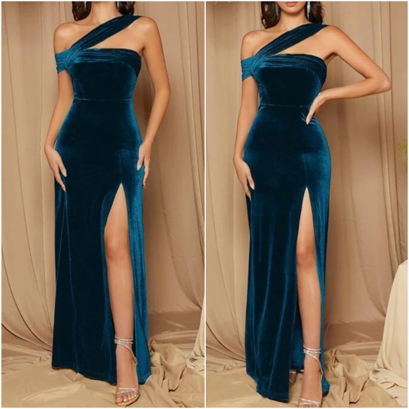Luxurious One Shoulder Velvet Evening Wedding Formal Maxi Dress - Picture 4 of 8